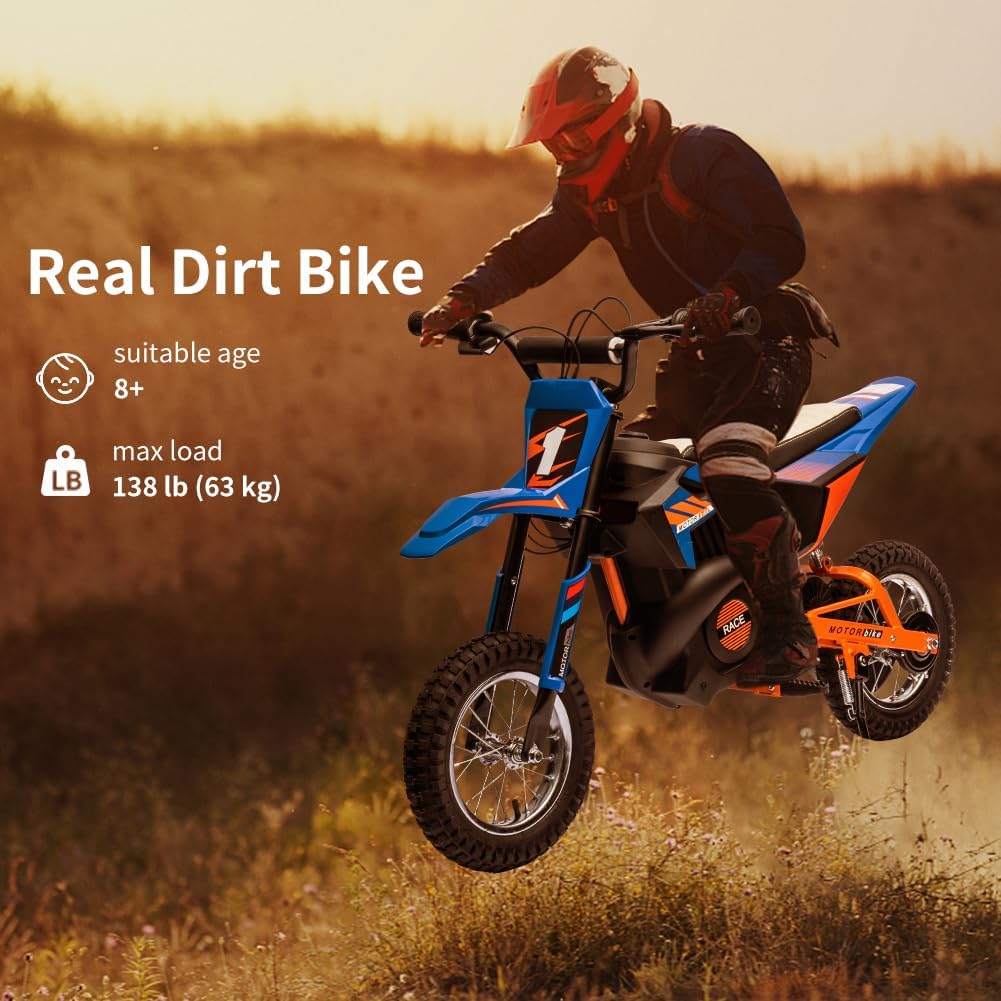 24V Electric Off-Road Motorcycle,250W Motor 13.6MPH Fast Speed Motocross,Leather Seat Dirt Bike,Twist Grip Throttle,Metal Suspension,Air-Filled Tires,for Kids Teens (Blue)