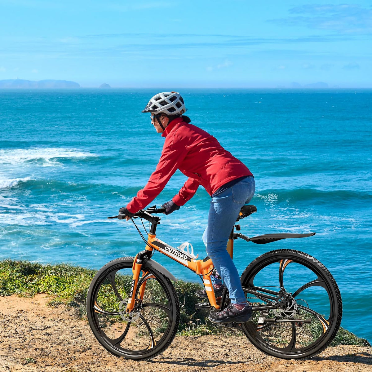 Outroad 26 Inch Folding Mountain Bike, 21 Speed Full Suspension High-Carbon Steel MTB Foldable Bicycle, Dual Disc Brake Non-Slip Adjustable Seat Folding Bikes for Adults/Men/Women, Black, Orange