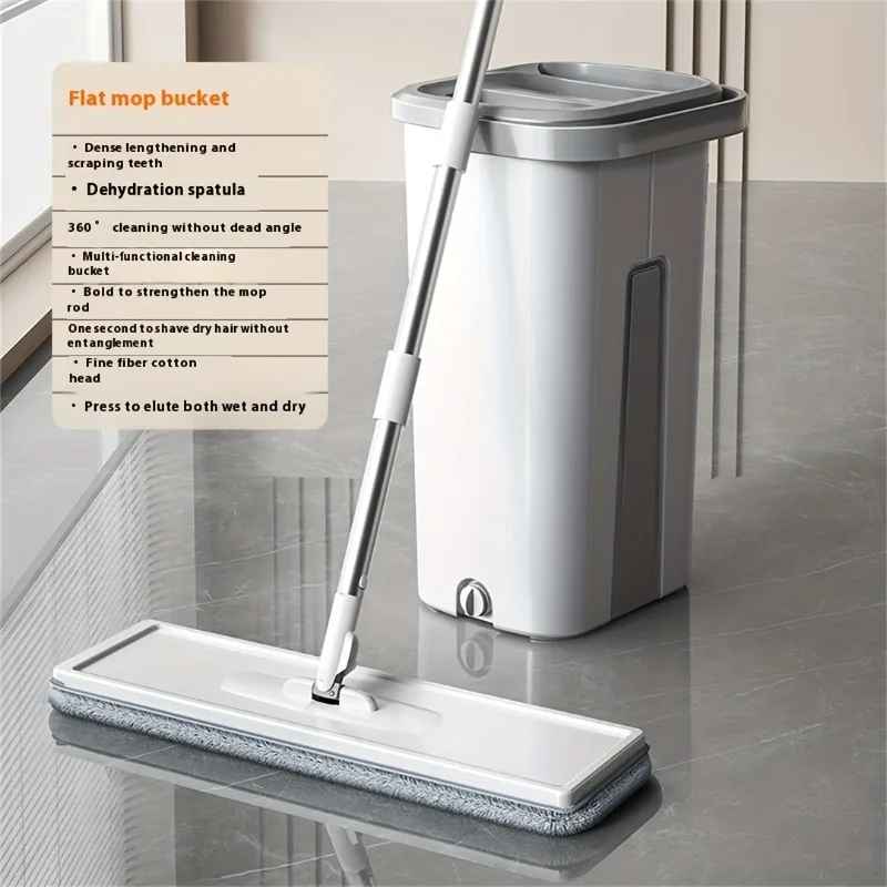 Hands-Free Flat Mop & Bucket Set with 4 Reusable Microfiber Pads, 360° Swivel, Long Handle for Floor & Wall Cleaning