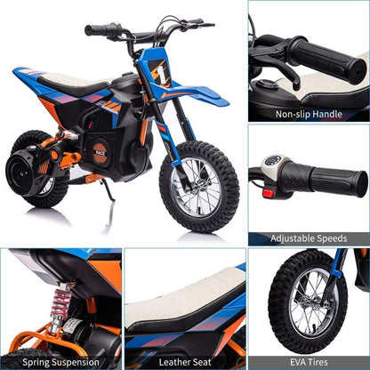 24V Electric Off-Road Motorcycle,250W Motor 13.6MPH Fast Speed Motocross,Leather Seat Dirt Bike,Twist Grip Throttle,Metal Suspension,Air-Filled Tires,for Kids Teens (Blue)