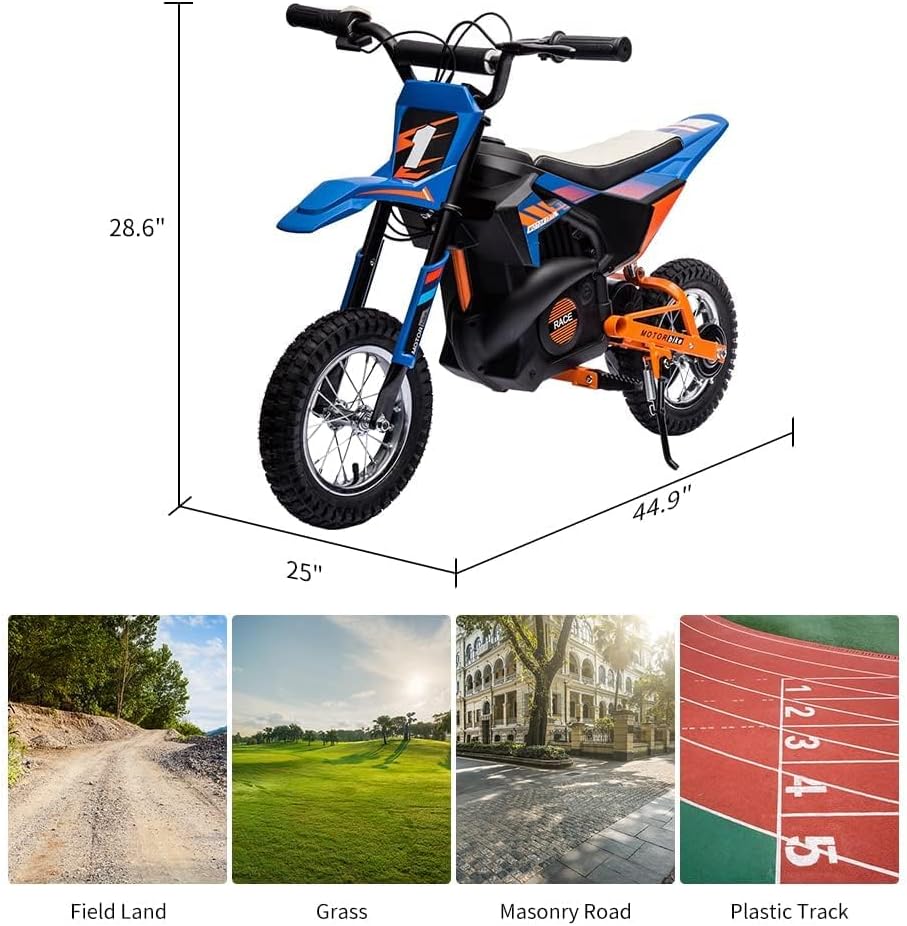 24V Electric Off-Road Motorcycle,250W Motor 13.6MPH Fast Speed Motocross,Leather Seat Dirt Bike,Twist Grip Throttle,Metal Suspension,Air-Filled Tires,for Kids Teens (Blue)