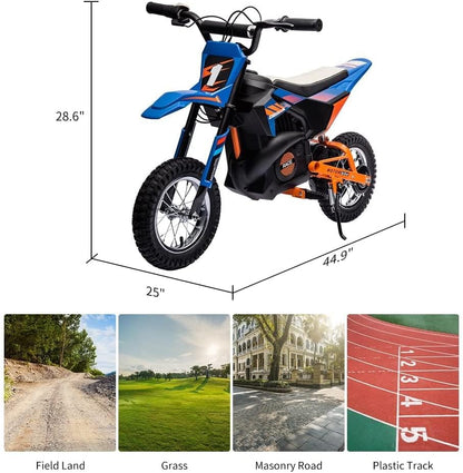 24V Electric Off-Road Motorcycle,250W Motor 13.6MPH Fast Speed Motocross,Leather Seat Dirt Bike,Twist Grip Throttle,Metal Suspension,Air-Filled Tires,for Kids Teens (Blue)