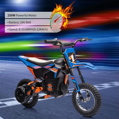 24V Electric Off-Road Motorcycle,250W Motor 13.6MPH Fast Speed Motocross,Leather Seat Dirt Bike,Twist Grip Throttle,Metal Suspension,Air-Filled Tires,for Kids Teens (Blue)