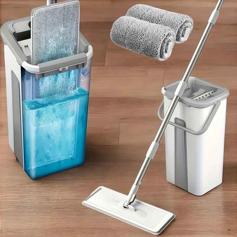 Hands-Free Flat Mop & Bucket Set with 4 Reusable Microfiber Pads, 360° Swivel, Long Handle for Floor & Wall Cleaning