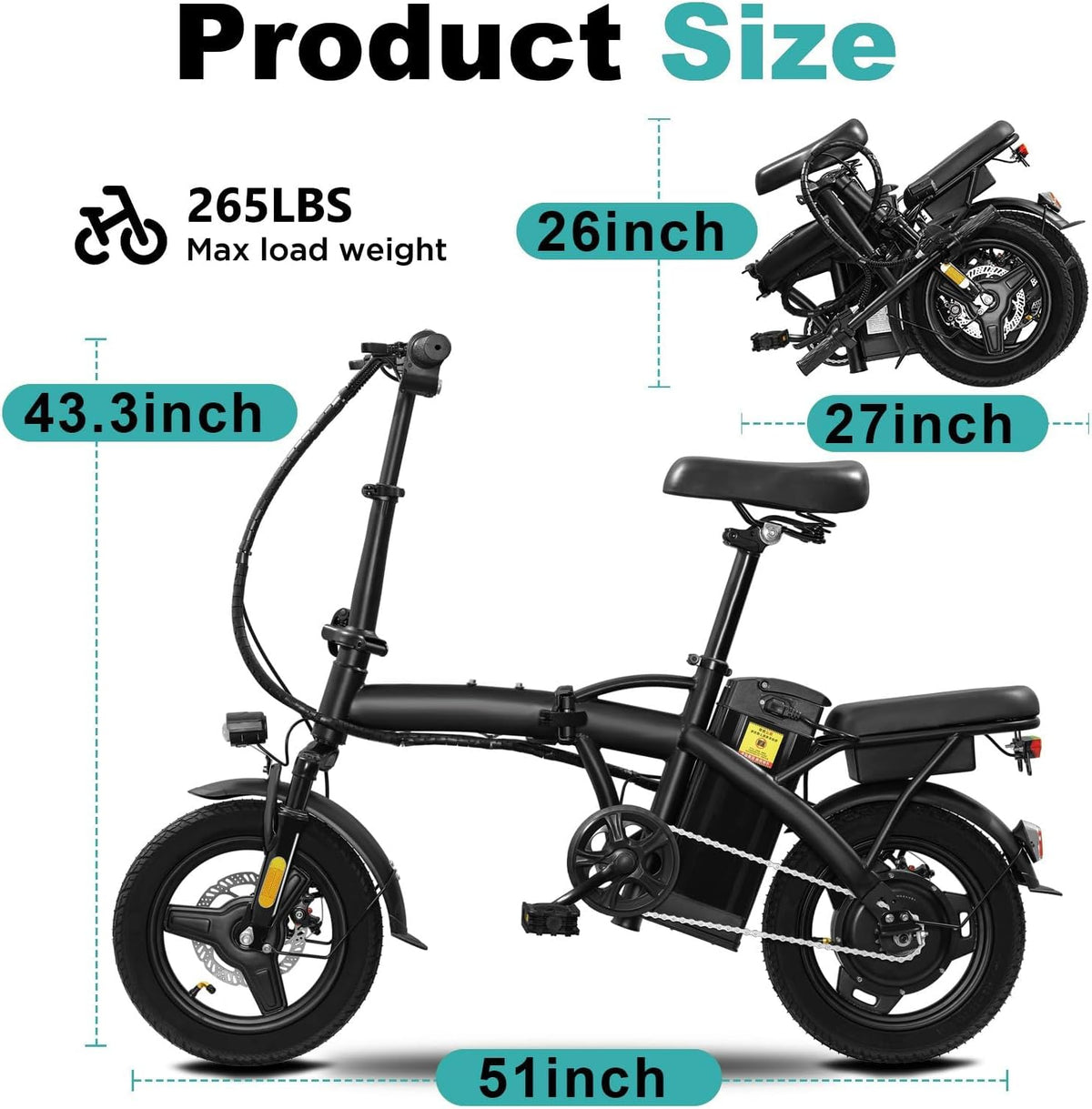 Electric Bike for Adults and Teens, 560-740W Motor, 20-25MPH Compact Commuter Folding Ebike, 32 Miles Range, 48V 10Ah Battery, 3-Level Pedal Assist, 14" Foldable Electric Bicycle, UL 2849 Certified