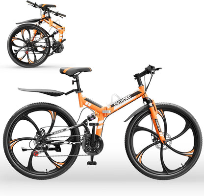 Outroad 26 Inch Folding Mountain Bike, 21 Speed Full Suspension High-Carbon Steel MTB Foldable Bicycle, Dual Disc Brake Non-Slip Adjustable Seat Folding Bikes for Adults/Men/Women, Black, Orange