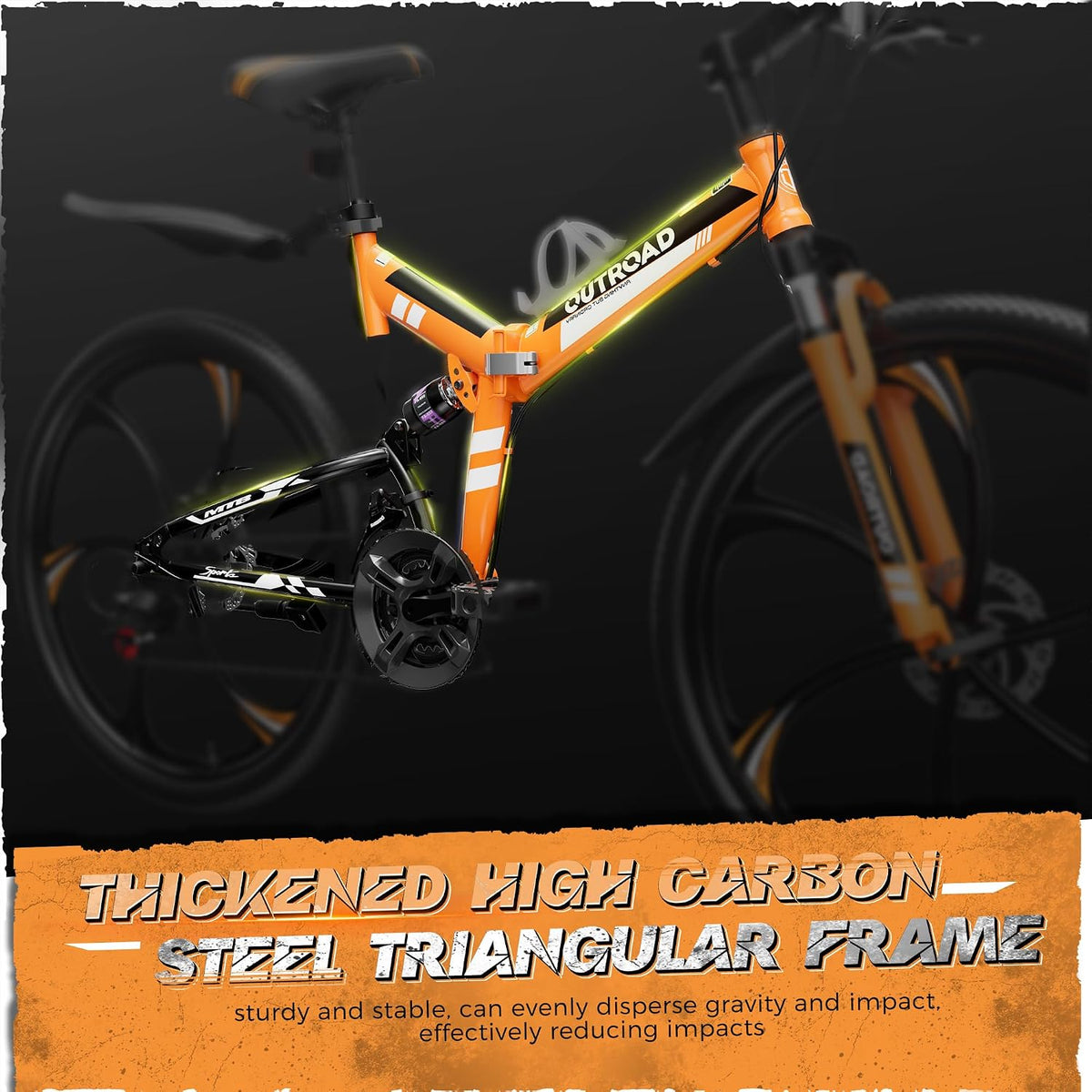 Outroad 26 Inch Folding Mountain Bike, 21 Speed Full Suspension High-Carbon Steel MTB Foldable Bicycle, Dual Disc Brake Non-Slip Adjustable Seat Folding Bikes for Adults/Men/Women, Black, Orange