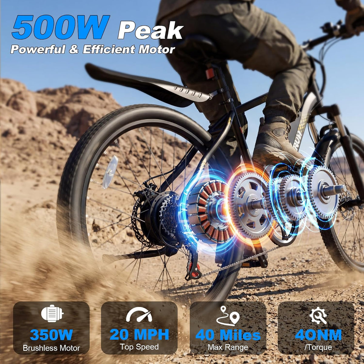 VARUN Electric Bike - Ebikes for Adults Peak 500W 20MPH Up to 40Mile Commuter Ebike with Removable Battery, 24" Electric Mountain Bike with 7-Speed Front Fork Suspension & Dual Disc Brakes