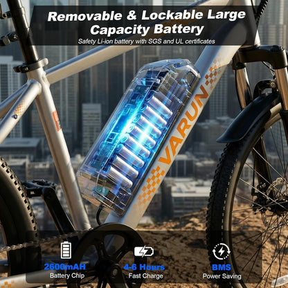 VARUN Electric Bike- 500W Peak Motor, 24" All-Terrain E-Bike, Up to 40 Miles & 20 MPH, Removable Battery, 7-Speed, Front Suspension, Dual Disc Brakes, with Free Accessory Pack