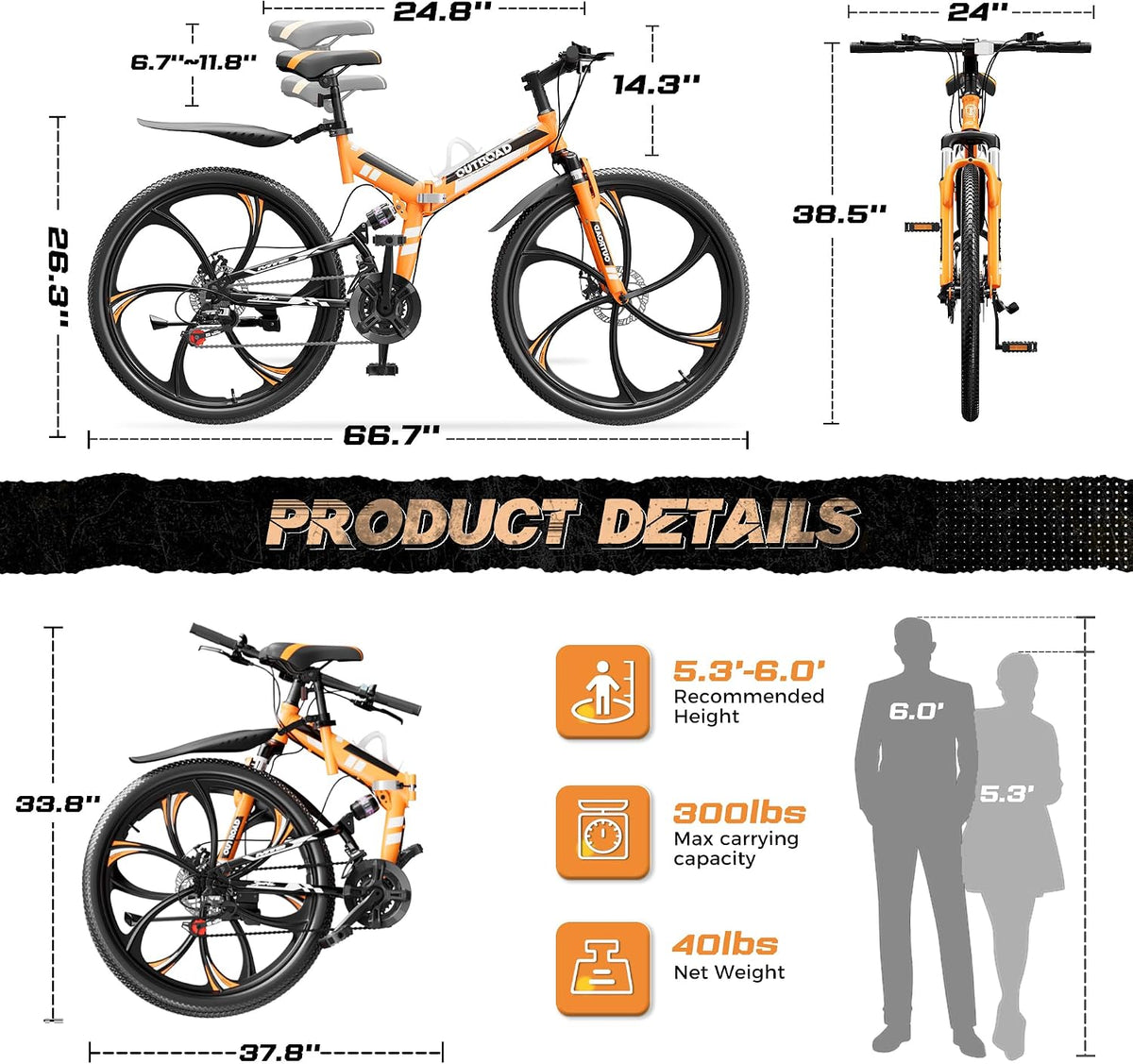 Outroad 26 Inch Folding Mountain Bike, 21 Speed Full Suspension High-Carbon Steel MTB Foldable Bicycle, Dual Disc Brake Non-Slip Adjustable Seat Folding Bikes for Adults/Men/Women, Black, Orange