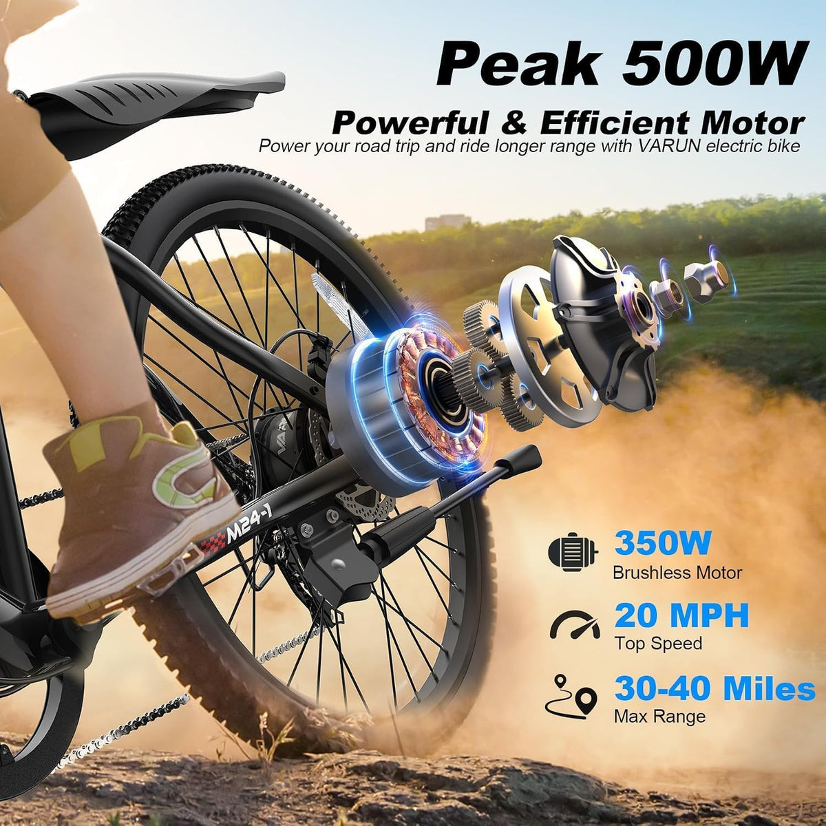 VARUN Electric Bike - Ebikes for Adults Peak 500W 20MPH Up to 40Mile Commuter Ebike with Removable Battery, 24" Electric Mountain Bike with 7-Speed Front Fork Suspension & Dual Disc Brakes