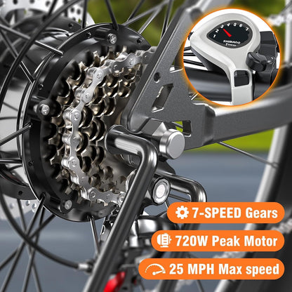 Electric Bike for Adults, 26" Commuter Ebikes with 5-Level Pedal Assist & 7-Speed Gears, 25MPH, 720W Motor, 375Wh Battery, 50 Miles, Lockable Suspension Fork, Lightweight Electric Mountain Bicycles