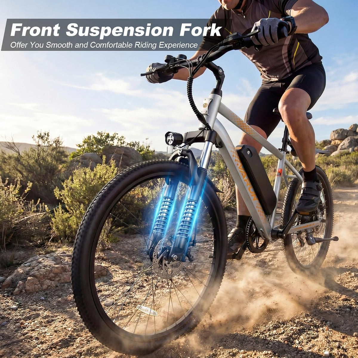 VARUN Electric Bike- 500W Peak Motor, 24" All-Terrain E-Bike, Up to 40 Miles & 20 MPH, Removable Battery, 7-Speed, Front Suspension, Dual Disc Brakes, with Free Accessory Pack