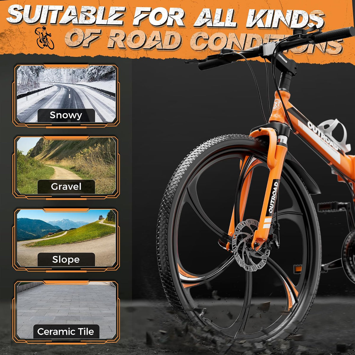 Outroad 26 Inch Folding Mountain Bike, 21 Speed Full Suspension High-Carbon Steel MTB Foldable Bicycle, Dual Disc Brake Non-Slip Adjustable Seat Folding Bikes for Adults/Men/Women, Black, Orange