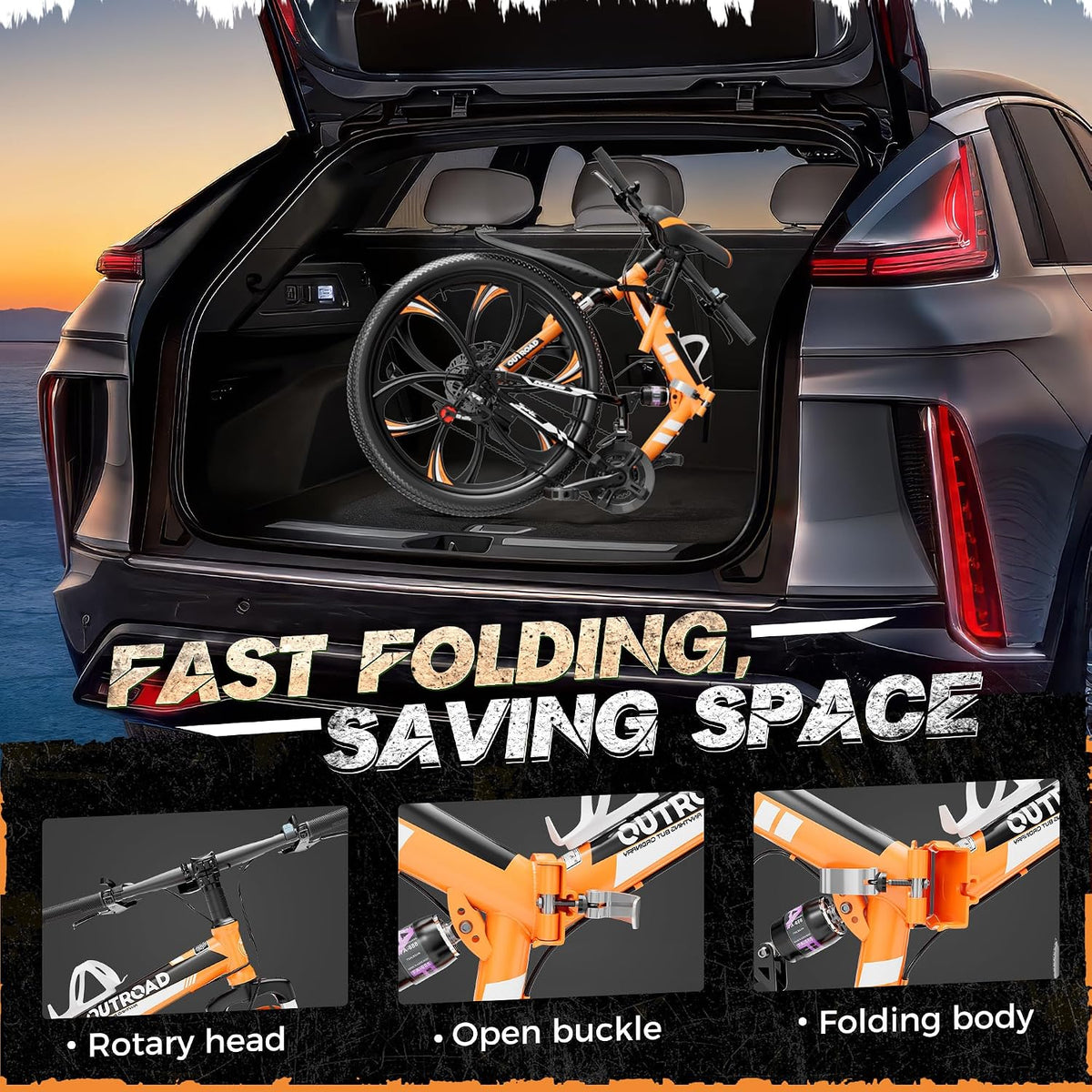 Outroad 26 Inch Folding Mountain Bike, 21 Speed Full Suspension High-Carbon Steel MTB Foldable Bicycle, Dual Disc Brake Non-Slip Adjustable Seat Folding Bikes for Adults/Men/Women, Black, Orange