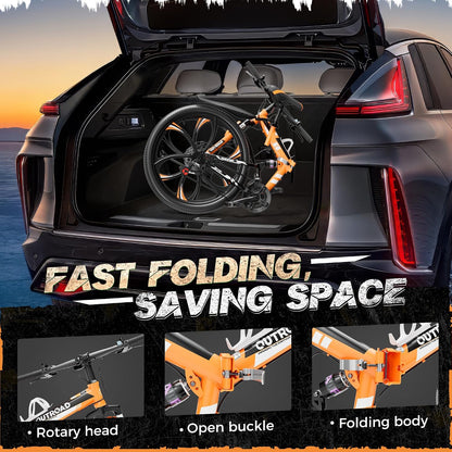 Outroad 26 Inch Folding Mountain Bike, 21 Speed Full Suspension High-Carbon Steel MTB Foldable Bicycle, Dual Disc Brake Non-Slip Adjustable Seat Folding Bikes for Adults/Men/Women, Black, Orange