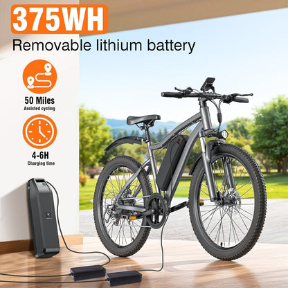 Electric Bike for Adults, 26" Commuter Ebikes with 5-Level Pedal Assist & 7-Speed Gears, 25MPH, 720W Motor, 375Wh Battery, 50 Miles, Lockable Suspension Fork, Lightweight Electric Mountain Bicycles