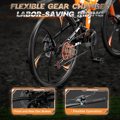 Outroad 26 Inch Folding Mountain Bike, 21 Speed Full Suspension High-Carbon Steel MTB Foldable Bicycle, Dual Disc Brake Non-Slip Adjustable Seat Folding Bikes for Adults/Men/Women, Black, Orange