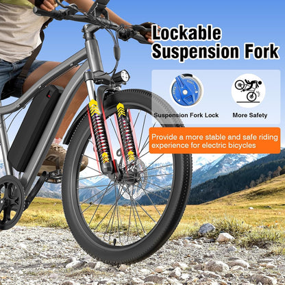 Electric Bike for Adults, 26" Commuter Ebikes with 5-Level Pedal Assist & 7-Speed Gears, 25MPH, 720W Motor, 375Wh Battery, 50 Miles, Lockable Suspension Fork, Lightweight Electric Mountain Bicycles