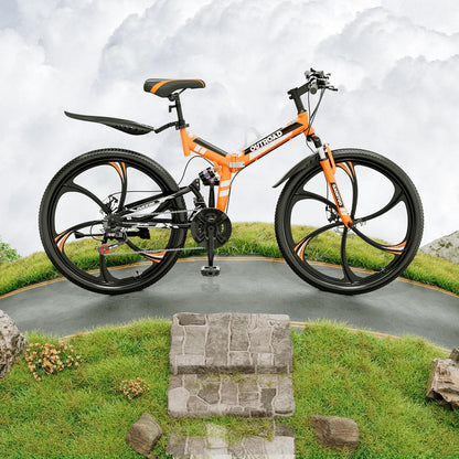 Outroad 26 Inch Folding Mountain Bike, 21 Speed Full Suspension High-Carbon Steel MTB Foldable Bicycle, Dual Disc Brake Non-Slip Adjustable Seat Folding Bikes for Adults/Men/Women, Black, Orange